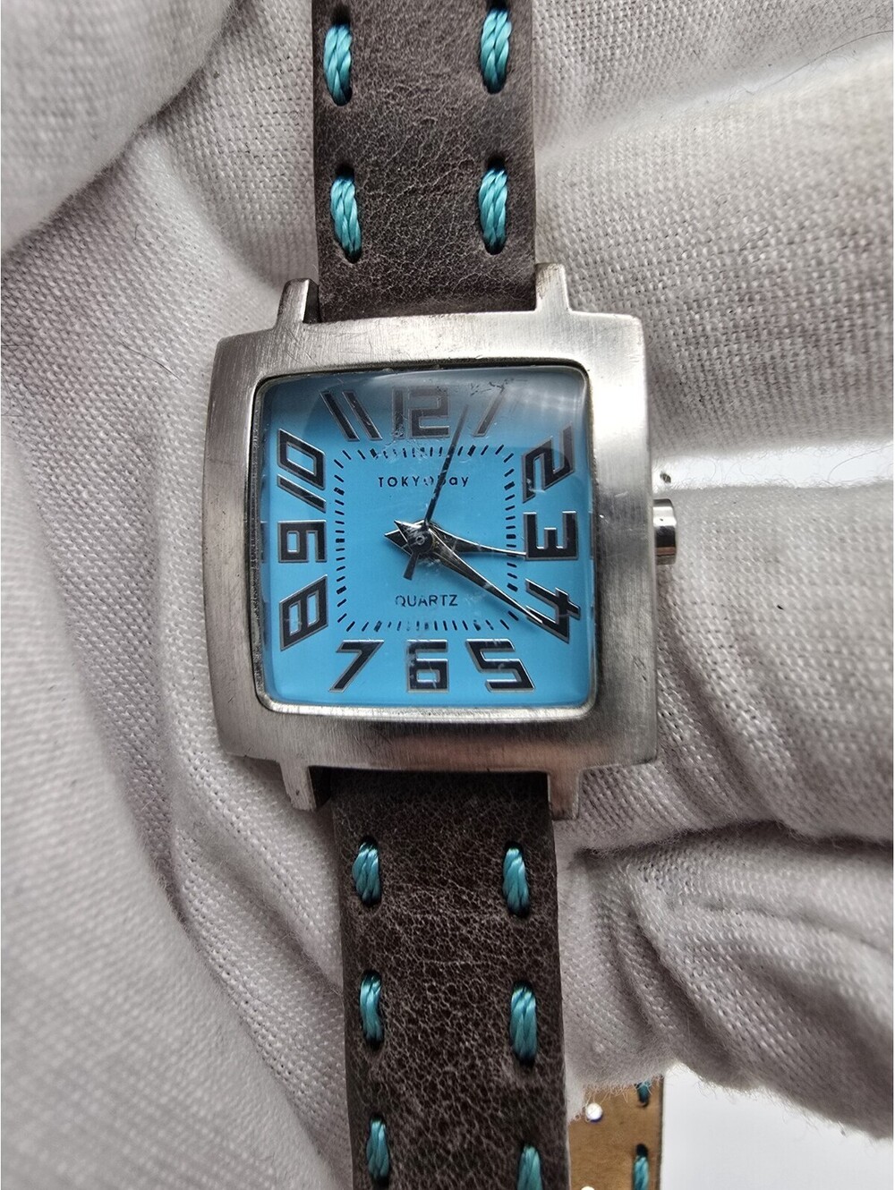 Tokyo Bay Blue Dial Square Quartz Watch with Brown Leather And Blue Stitch Band